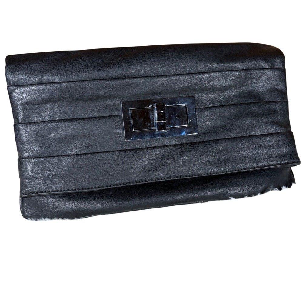Black Faux Leather Fold Over Clutch Purse Bag Silver Buckle Accent